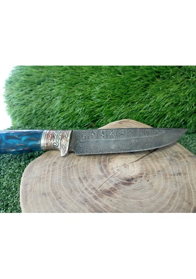 Tctknives Damascus Serisi El Yapımı Şam Çeliği Av Kamp Bıçak Gümüş - Mavi