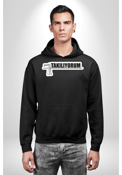 Yalnız Takılıyorum Yazılı Kadın Erkek Siyah Kapüşonlu Sweatshirt Hoodie Siyah