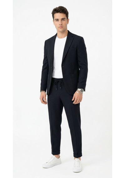 Pike Kumaş Jogger Pantolonlu Erkek Takım Elbise Torba Cepli Tek Düğme Slim Fit Kombin Siyah