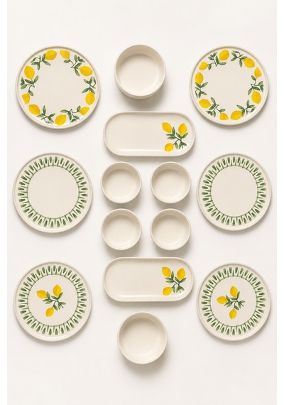 Yeşil Limon 14 Parça 6 Kişilik Handmade Stackable Seramik Tabak Seti Premium Sunum & Kahvaltı Takımı Beyaz