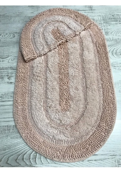 Doğal Pamuklu Spagetti Oval Pudra 2'li Banyo Paspası Seti Halısı Pudra