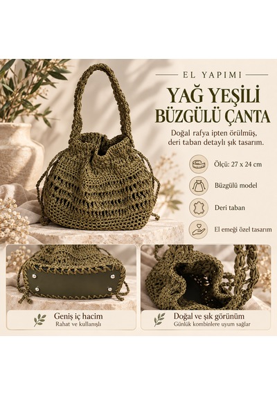 Yağ Yeşili Rafya Çanta