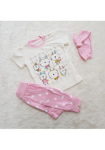 Candysbebe Puantiyeli 3 Parça Yazlık Bebek Takımı 0-6 Ay Beyaz - Pembe