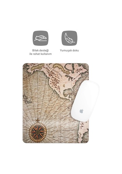 Eski Harita Çizimli Bilek Destekli Dikdörtgen Mouse Pad Mouse Altlığı. Mousepad