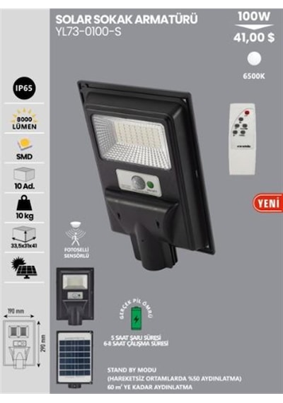 Noas 100w Beyaz Solarlı Sokak Aydınlatması Sensörlü Kumandalı Yl73-0100-s