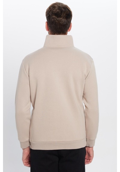Tudors Unisex Relax Fit Rahat Kesim Pamuklu İçi Polarlı Yarım Fermuarlı Taş Renk Dik Yaka Sweatshirt-31444 Taş