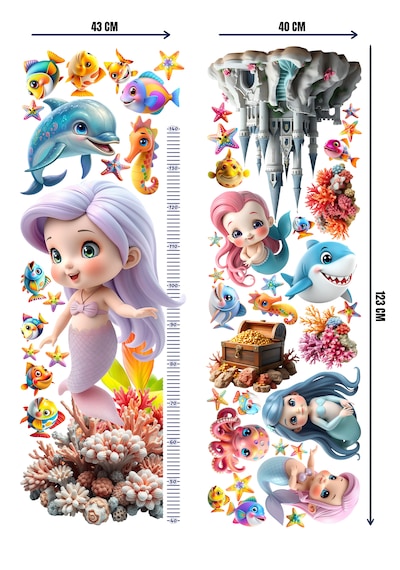 Deniz Kızı Temalı Boy Ölçerli Duvar Sticker Seti - Mat, Sökülebilir, Çocuk Odası Dekoru 01