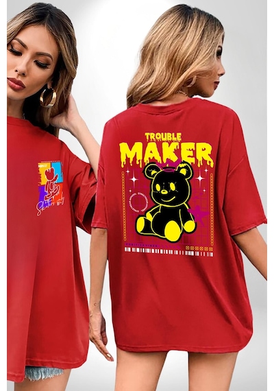 Baş Belası Teddy Kırmızı Oversize Unisex Ön Ve Sırt Baskılı Tişört Kırmızı
