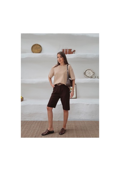 Paw Garage Kadın Mia İnterlok Kumaş Bisiklet Yaka Oversize T-shirt Bej
