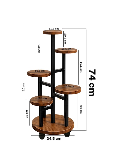 Metal 5 Katlı Tekerlekli Çiçeklik Saksılık Daire Model Dekoratif Bitki Rafı Ahşap