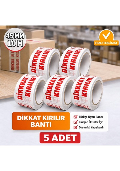 Tr 5 Adet Dikkat Kırılır Koli Bandı 45x100 Mt Kırılabilir Uyarı Baskılı Güçlü Paketleme Bantı