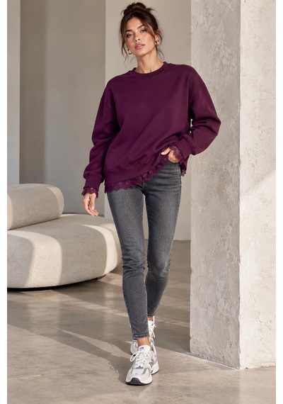 Bb Butik Basic Dantel Detaylı 3 İplik Şardonlu Kadın Sweatshirt My3535 Bordo