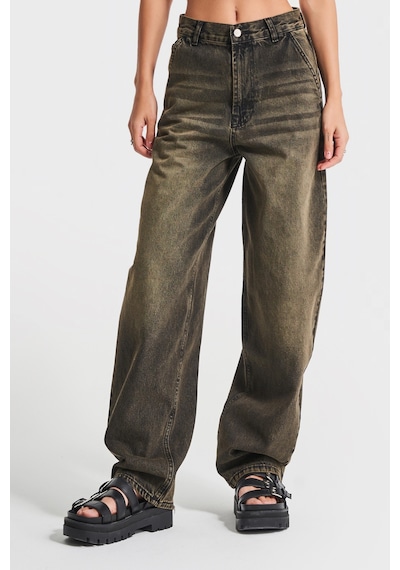 Itsbasic Kadın Haki Kot Rengi Juniper 4s5-86 Skater Fit Bol Kesim %100 Koton Orta Bel Denim Jean Haki 4s5-86