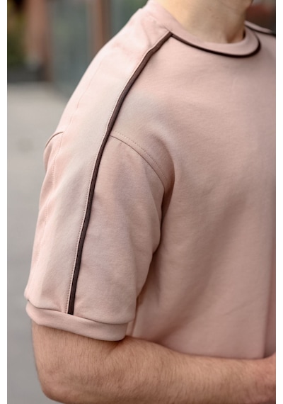Madmext Camel Şerit Detaylı Modern Kesim Erkek Tişört E7182