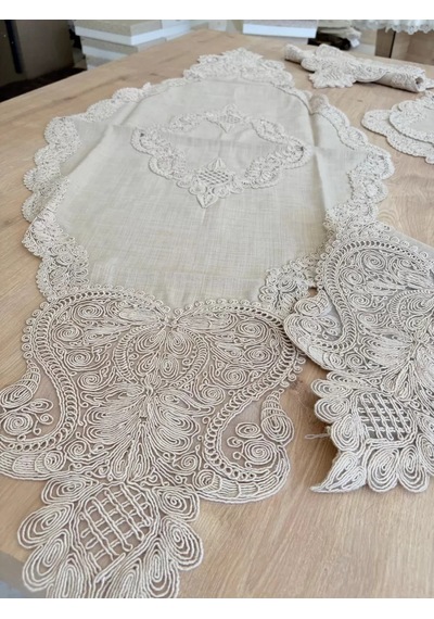 Salon Takımı Çeyizlik Krem Runner Set 5 Parça Keten Masa Örtüsü Runneri Gerdan Çok Renkli