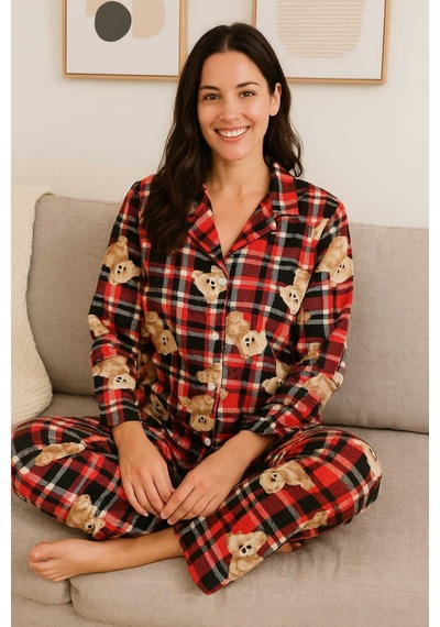 Tenra Kadın Pijama Takımı Boydan Düğmeli Süet Ayıcık Desenli Kırmızı