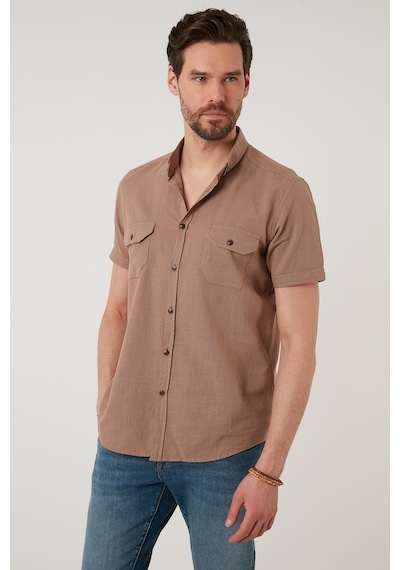 Buratti Düğmeli Yaka Pamuklu Slim Fit Cepli Erkek Gömlek Cf21S111153 Toprak