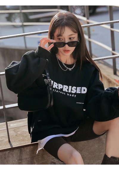 Startmore Siyah Surprised Yazı Baskılı Oversize Bisiklet Yaka Sweatshirt Siyah