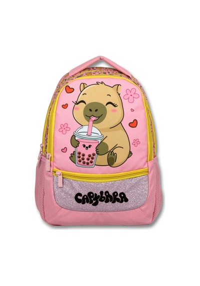 Capybara Pembe - Sarı Kız Çocuk Mutlu Capybara Baskılı İlkokul Okul Sırt Çantası - 6206 Çok Renkli