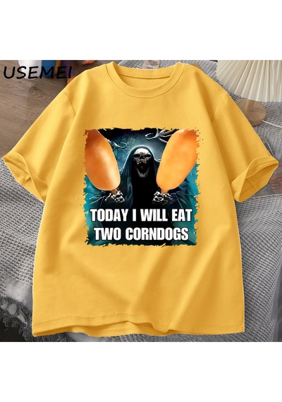 Flood Of Style Kötü İskelet Meme T Shirt Kadın Erkek Bugün Ben İki Mısır Köpekler Yiyecek Tshirt Boy Pamuk K Sarı