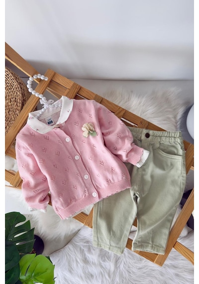 Miniğimin Cicileri Çiçek Detaylı Triko Hırkalı Kız Bebek 3 Lü... Pembe