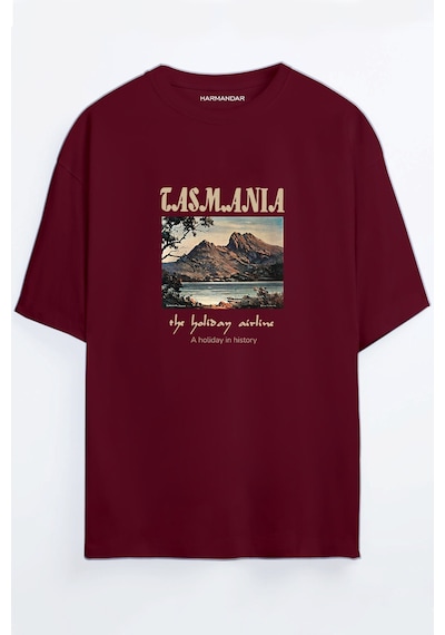 Tasmania Baskılı Bordo - Mavi Oversize T-shirt Bordo