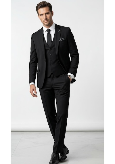 Erkek 3 Parça Slim Fit Takım Elbise Klasik Likralı Kumaş, Tek Düğme, Çift Yırtmaçlı Modern Kesim Ceket Yelek Pantolon Siyah