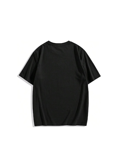 Erkek El Baskı Oversize Siyah Baskılı T-shirt - Bisiklet Yaka Kısa Kol Rahat Kalıp Tişört Siyah