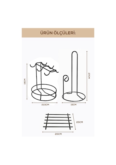 Yakut Metal Tezgah Üstü Mutfak Seti Tabaklı Fincanlık & Kağıt Havluluk & Nihale Siyah