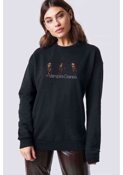 The Vampire Diaries Quotes Metal Rock Baskılı Siyah Kadın Sweash