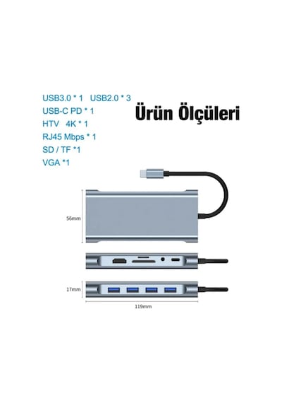 11in1 Type-c To Usb Hdmı 4xusb Rj45 Hdmi Vga Sd Tf Card Çevirici Adaptör