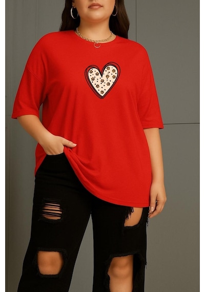 Benroma Büyük Beden Kalpli Pati Baskılı Unisex Tişört Çok Renkli