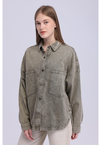 Selectmoda Kadın Çift Cepli Çıtçıt Kapamalı Oversize Kot Gömlek haki