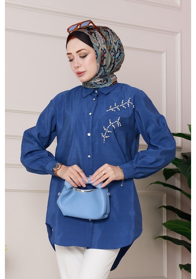 Sevitli Önü İnci Taş İşlemeli Tunik-mavi-4794 Mavi
