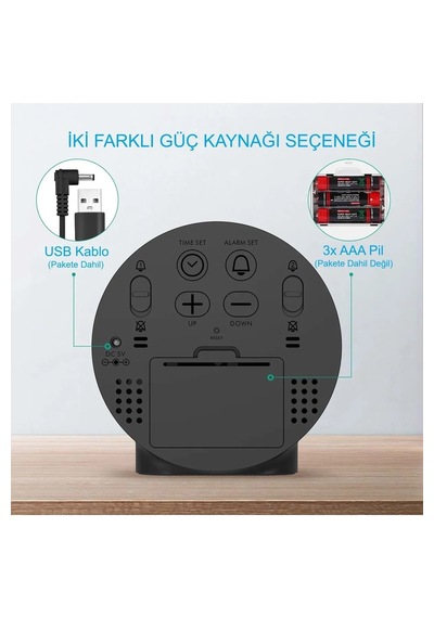 Monozone Dekoratif Yuvarlak Siyah Dijital Led Masa Saati Usb