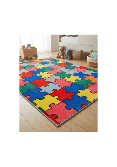 Renkli Puzzle Desenli Çocuk Odası Halısı Kaymaz Taban Eğlenceli Oyun Halısı Çok Renkli
