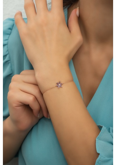 Nereze 925 Ayar Gümüş Mor Taşlı Lotus Çiçeği Bileklik