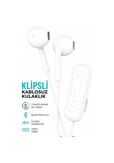 Exenar - Beyaz - Yaka Klipsli Bluetooth Kulaklık Kulakiçi Kablolu Kablosuz Tws Mikrofonlu Yaka Kulaklık Boyun Asmalı