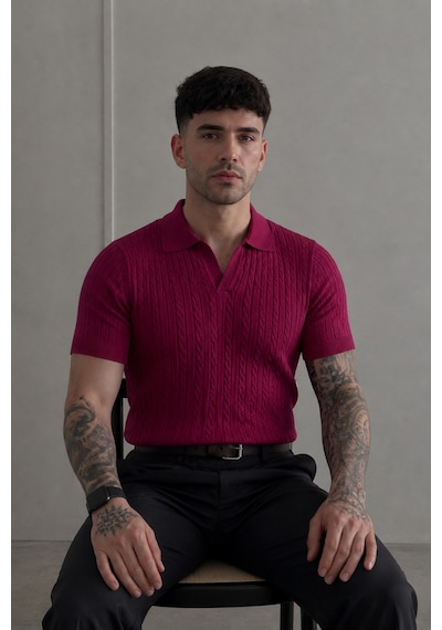 Tarz Cool Erkek Old Money Örgü Polo Yaka Triko Tişört Bordo