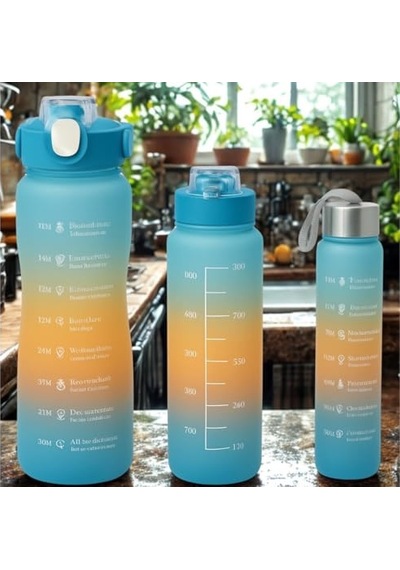 3 Lü Renkli Suluk Seti Motivasyonlu Spor Matara Seti 2l, 900ml Ve 300ml Su Şişesi Sızdırmaz, Dayanıklı, Şık Tasarım Mavi-turuncu 0