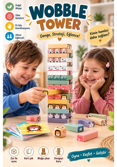 Topbright Wobble Tower Ahşap Denge Kulesi Hayvan Figürlü Eğitici Çocuk Oyunu Kartlı Ve Zarlı