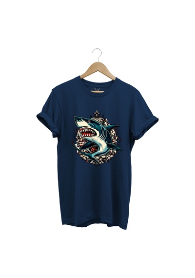 Köpek Balığı Baskılı Deniz Kum Güneş Shark Baskılı Regular Fit %100 Pamuk Lacivert T-shirt Lacivert