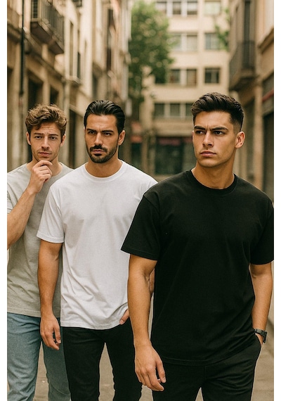 Rich Erkek 3'lü Paket Siyah-beyaz-gri Melanj Pamuklu Oversize Tişört Bisiklet Yaka Kısa Kollu T-shirt Gri