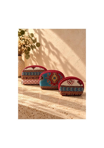 Badufa Home Etnik Kilim Desenli Fermuarlı El Askılı Makyaj Ve Organizer Çantası-3farklı Boy Pembe-bej Pembe-bej