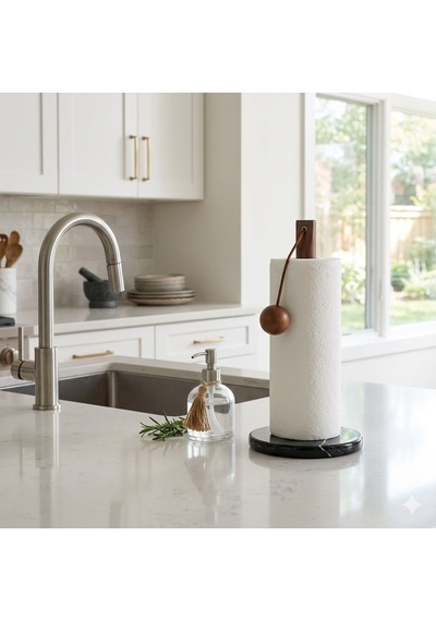 Mien Siyah Mermer Tabanlı Ahşap Kağıt Havluluk - Modern Tasarım Top Detaylı Kahverengi