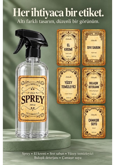 Alubrella 500 Ml Şeffaf Boş Sprey Şişe Ve 6 Lı Genel Amaçlı Etiket Seti Amber