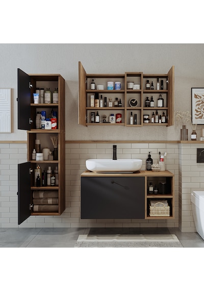 "lavabolu" Mdf 95 Cm Lotus Oval Lavabolu Banyo Dolabı Atlantik Çam - Antrasit "lavabolu" Mdf 95 Cm Lotus Oval Lavabolu Banyo Dolabı Atlantik Çam - Antrasit