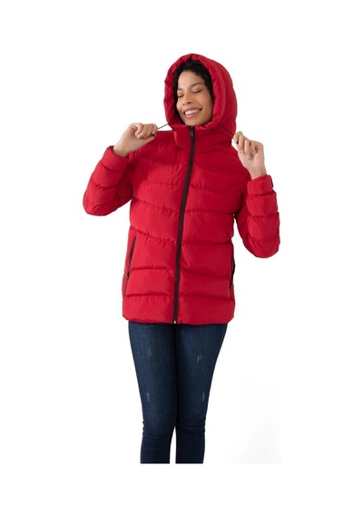Kadın Kapüşonlu Polarlı Su Geçirmez Rüzgara Dayanıklı Şişme Mont & Kaban & Parka-35 Kırmızı