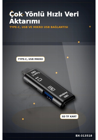 Tip-c Micro Usb Girişli 5'li Çok Fonksiyonlu Sd Kart Okuyucu Otg Dönüştürücü Bx-313518 Çok Renkli