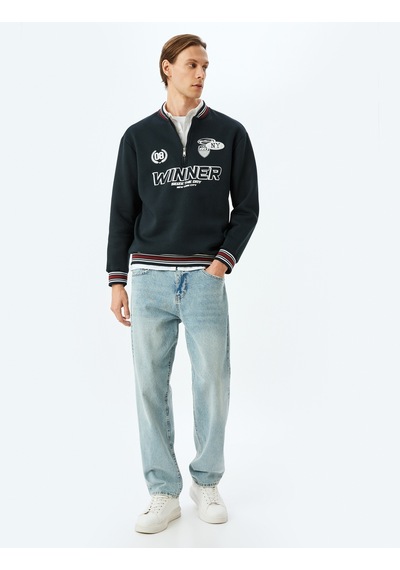 Koton Şardonlu Pamuk Karışımlı Slogan Baskılı Yarım Fermuarlı Sweatshirt Lacivert 5wam70180mk Lacivert